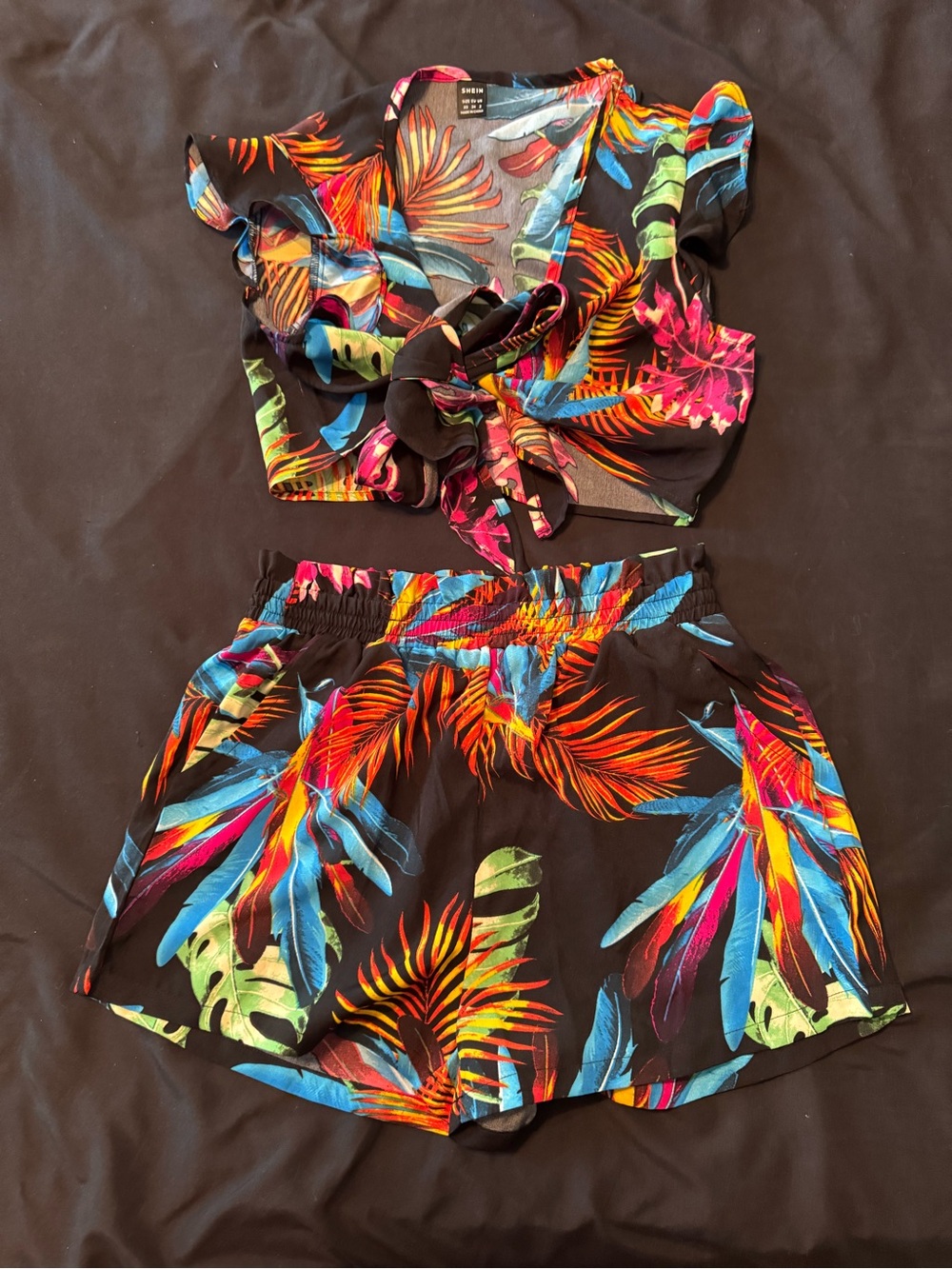 SHEIN Black Tropical Tie-Front Crop Top and Shorts Set